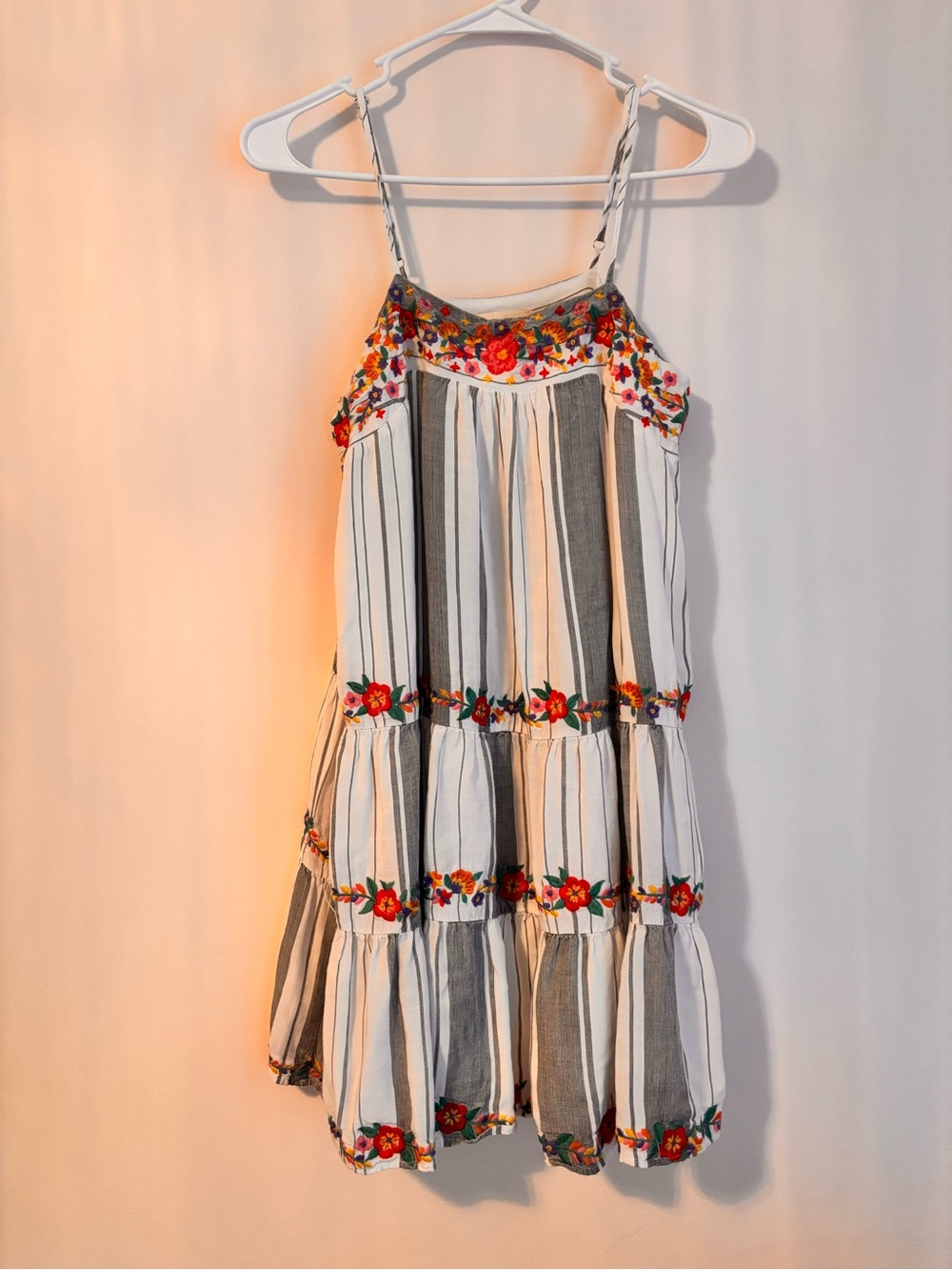 Savanna Jane White & Black Striped Floral Embroidered Sundress square neck.